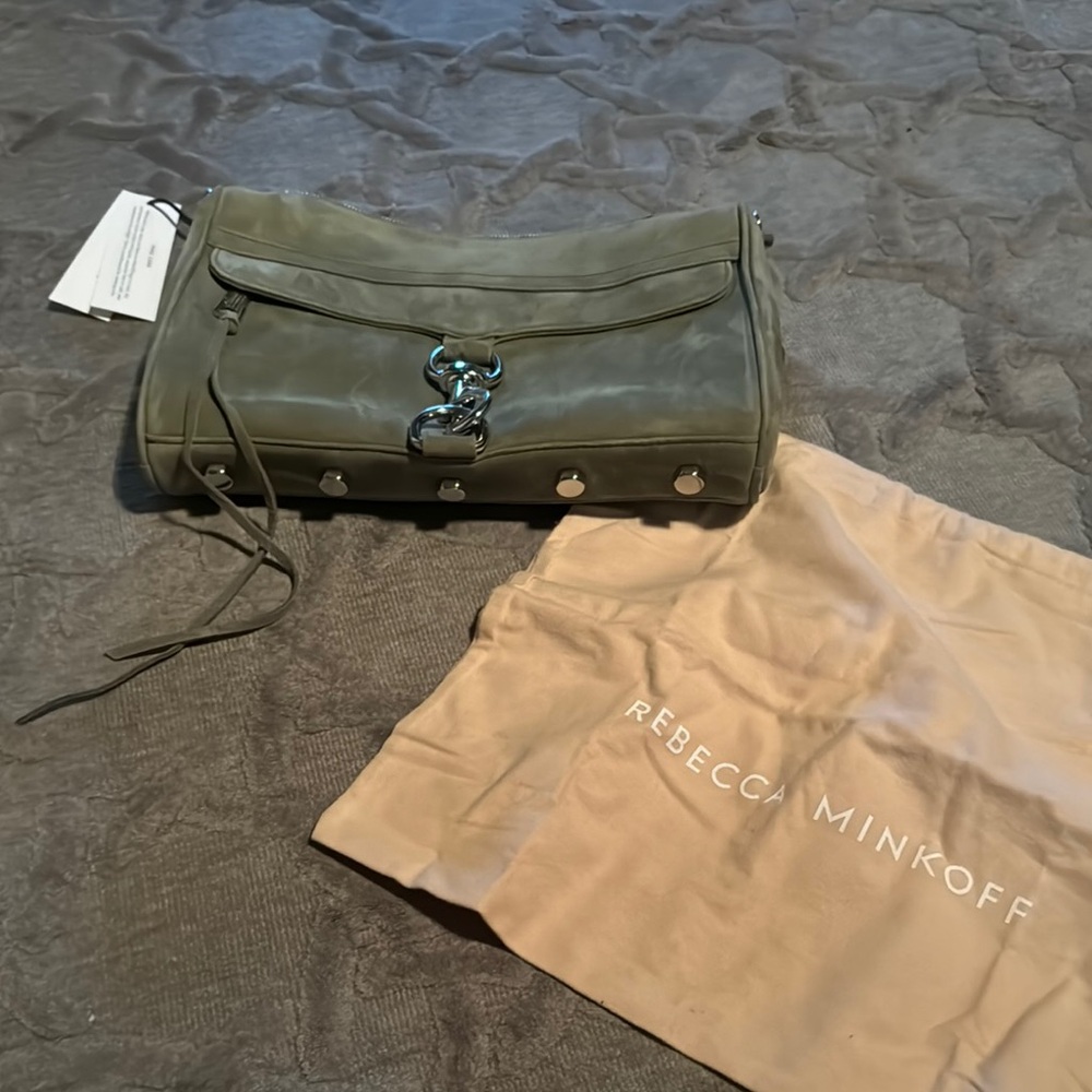 Rebecca Minkoff Olive Green Leather Clutch with Hardware Detail